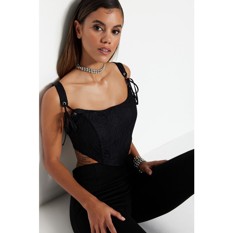 Trendyol Black Crop Lined Corset Detailed Knitted Lace Bustier 50537651