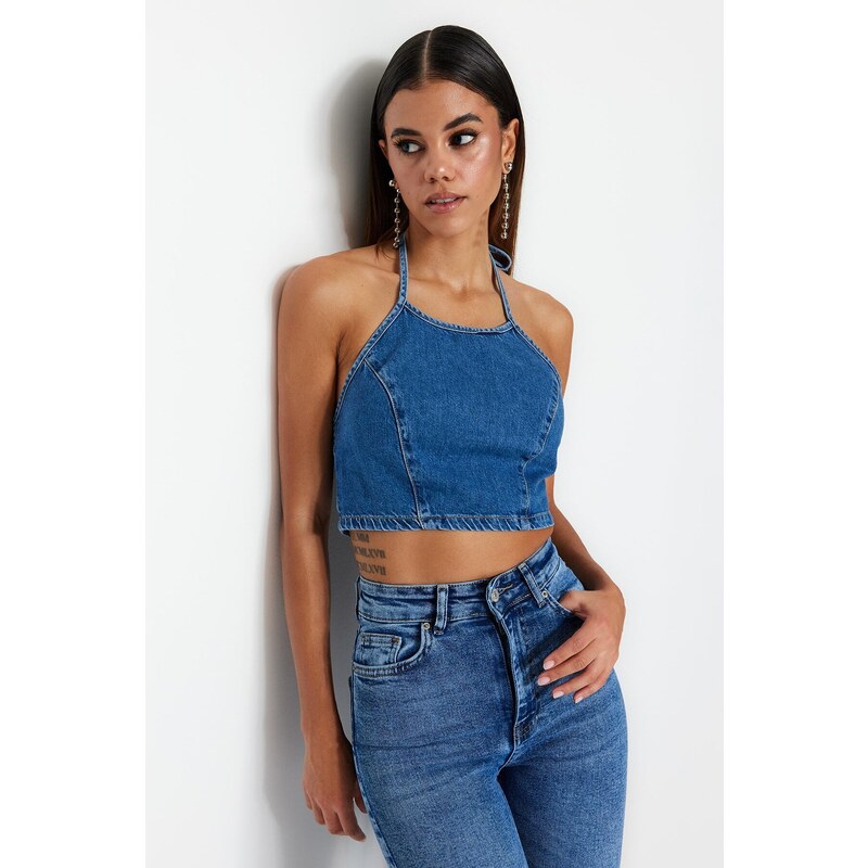 E-shop Trendyol tmavomodrý denimový bustier na vzpieranie