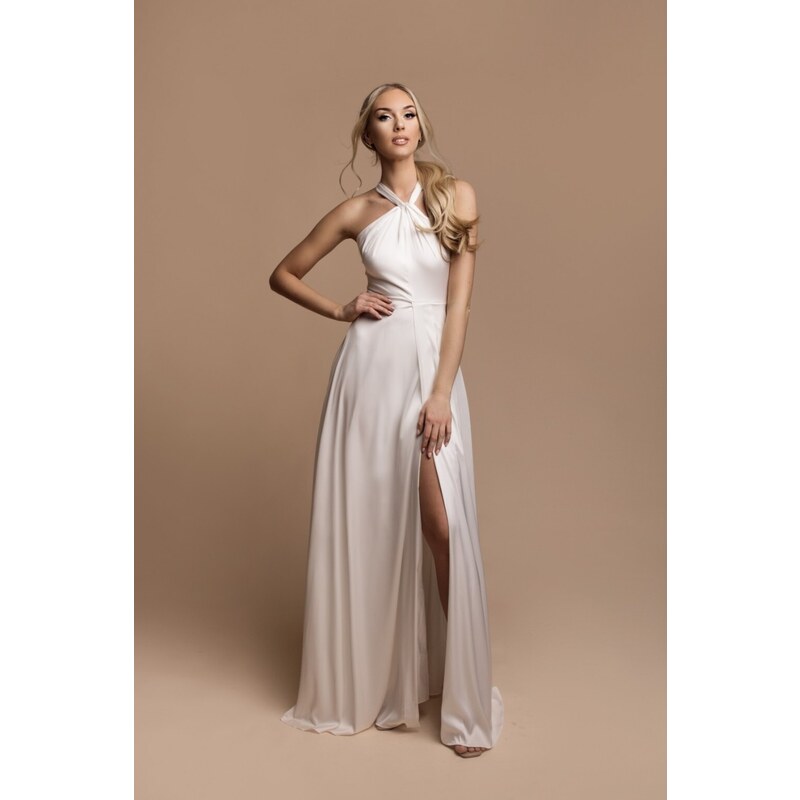 miadresses.sk Biele saténové šaty s vysokým rozparkom 39685396