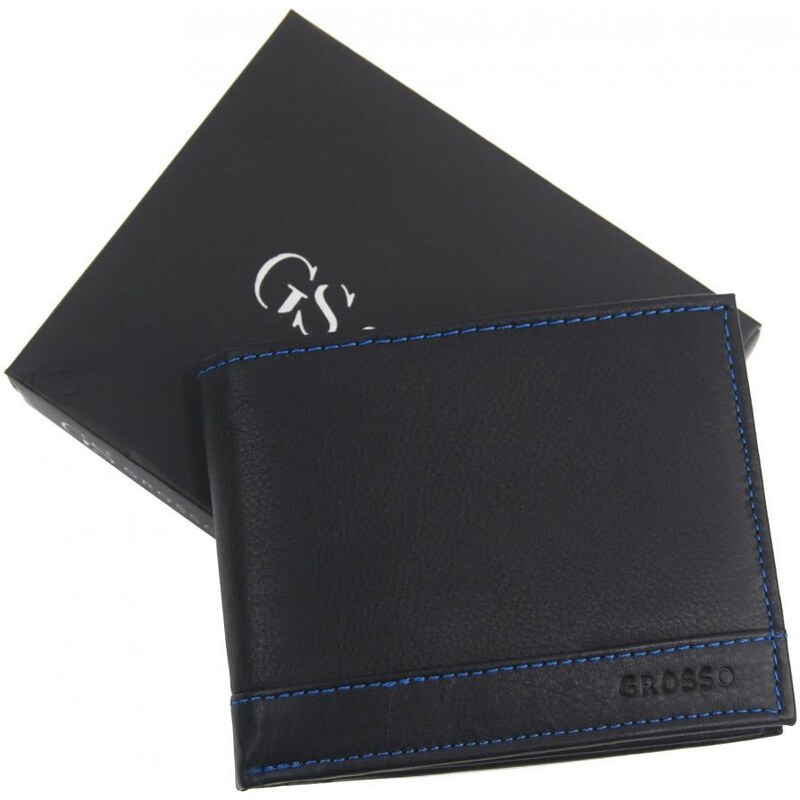 Kožená čierna pánska peňaženka s modrou niťou v krabičke GROSSO 40805901