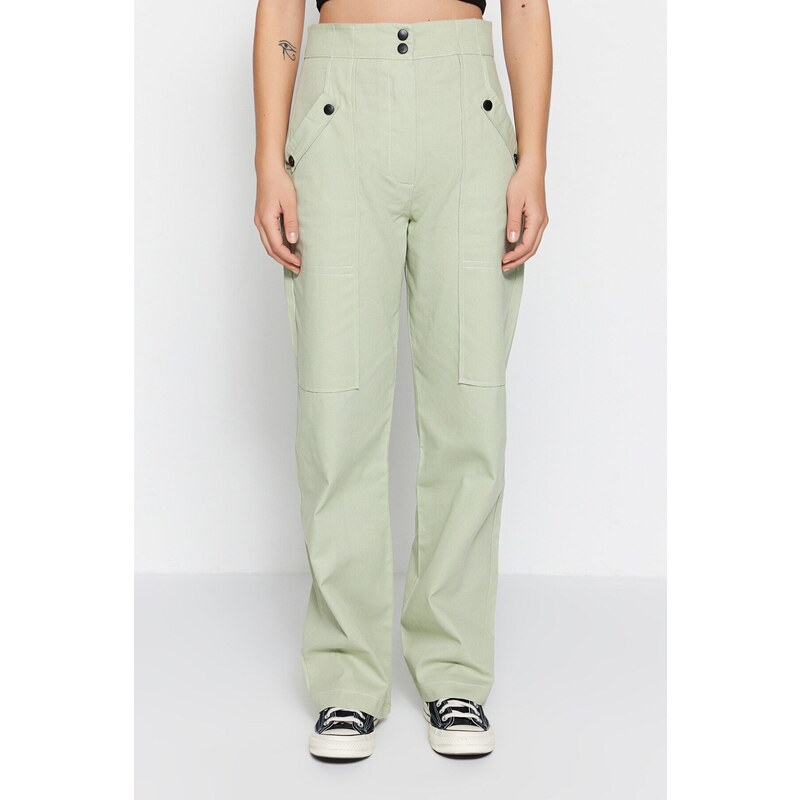 Trendyol ľahké khaki tkané bavlnené nohavice na gombíky 50612555