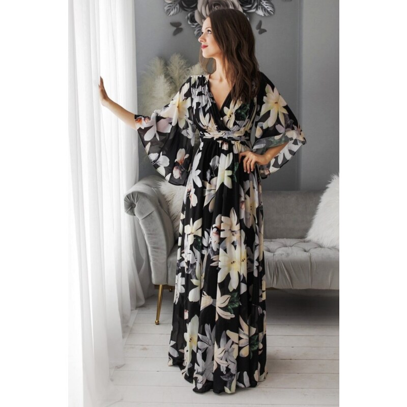 miadresses.sk Čierne kvetinové šaty s voľnými rukávmi 40924457