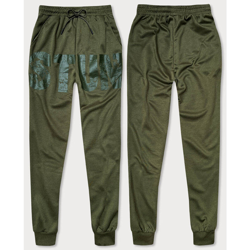 J.STYLE Pánske teplákové nohavice v khaki farbe s potlačou (8K191) 41249528
