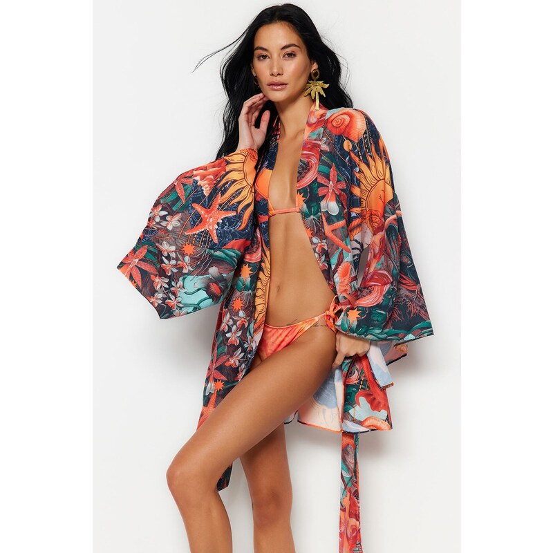 Trendyol Tropical Patterned Belted Mini Woven Kimono & Caftan