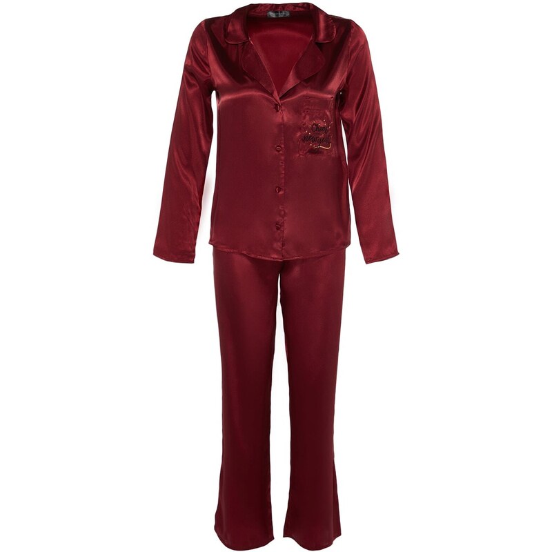 Trendyol Burgundy New Year Themed Embroidered Satin Shirt-Pants Woven Pajama Set