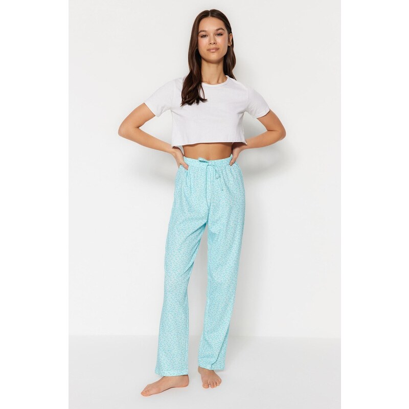 Trendyol Light Blue Floral Knitted Cotton Pajamas Bottoms