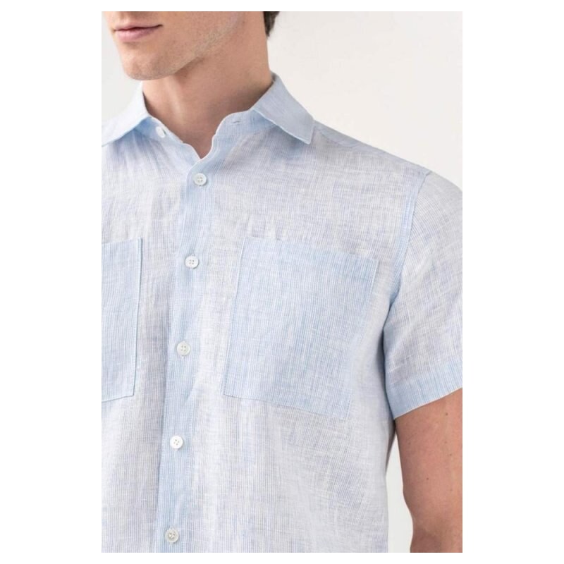 Magic Linen Ľanová košeľa PORTLAND s krátkym rukávom v prúžkovanej modrej