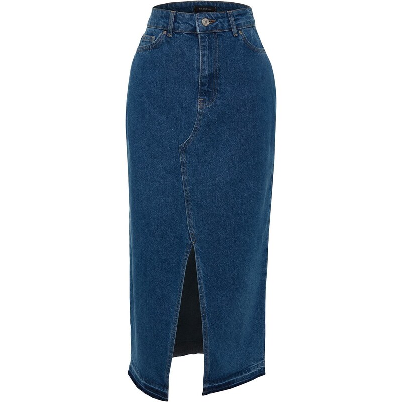 Trendyol Collection Tmavomodrá rozparkovaná maxi džínsová sukňa