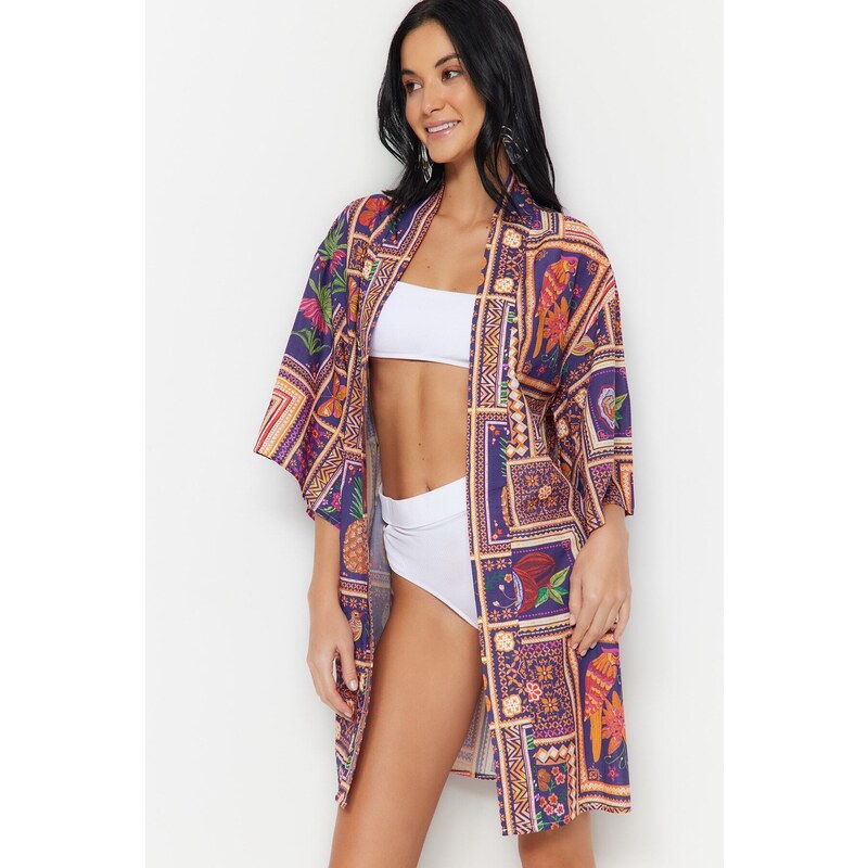 Trendyol Tropical Pattern Mini Woven 100% Cotton Kimono & Kaftan