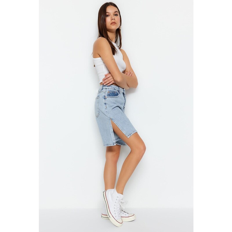 Trendyol Light Blue Slit High Waist Denim Shorts 50547996