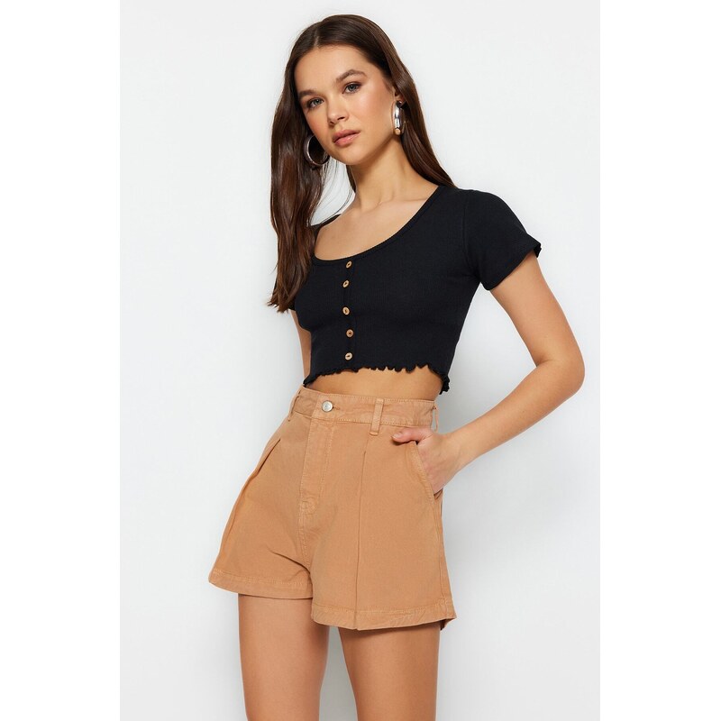 Trendyol Camel Pleated High Waist Denim Shorts 50608414