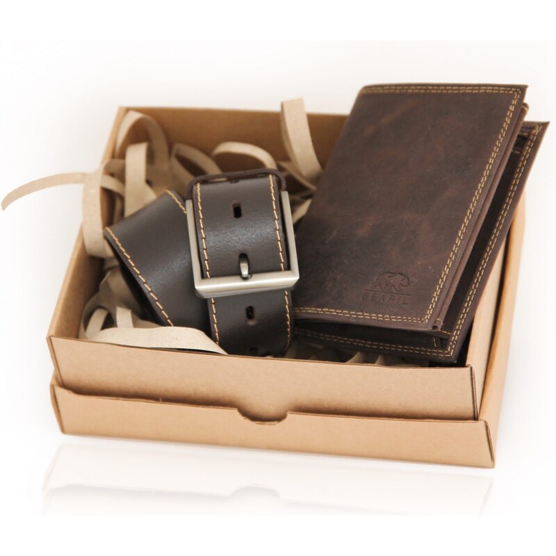 Pánsky darčekový set tmavohnedý kožený opasok Santiago + kožená peňaženka hnedá A - 90