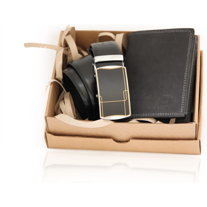 Pánsky darčekový set čierny kožený opasok Rivera Automatic + kožená peňaženka čierna A - 90