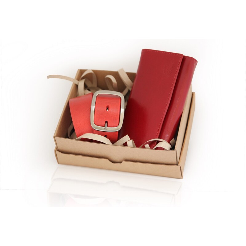 Dámsky darčekový set červený opasok 40C + kožená červená peňaženka - 80