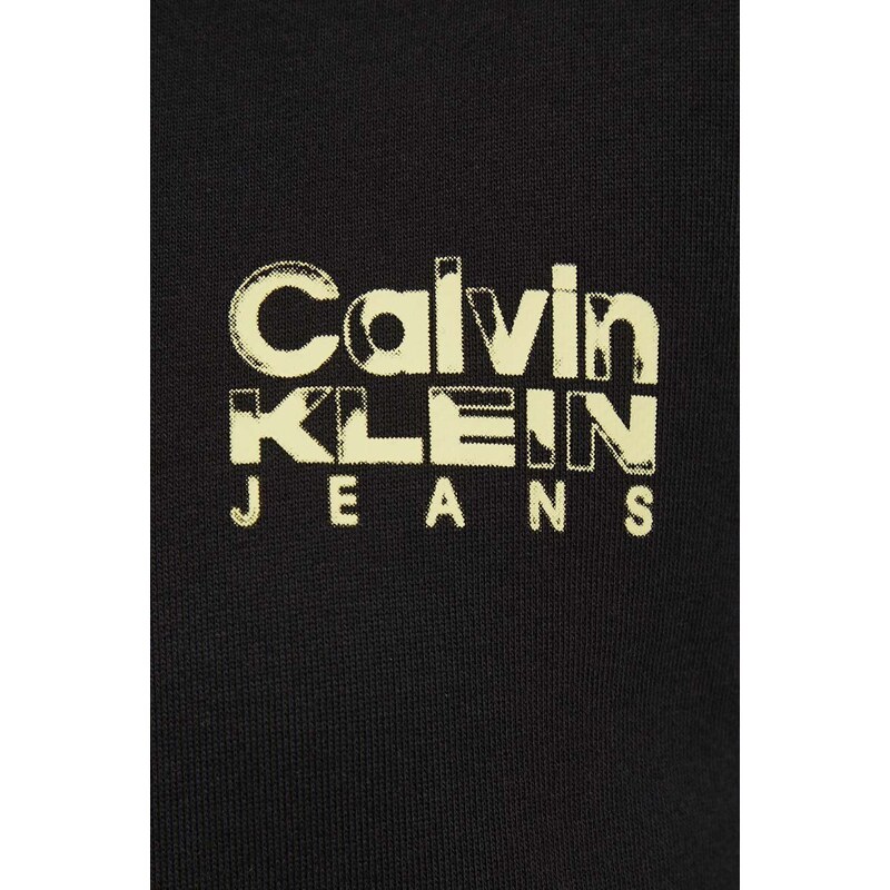 Bavlnená mikina Calvin Klein Jeans dámska, čierna farba, s kapucňou, s potlačou