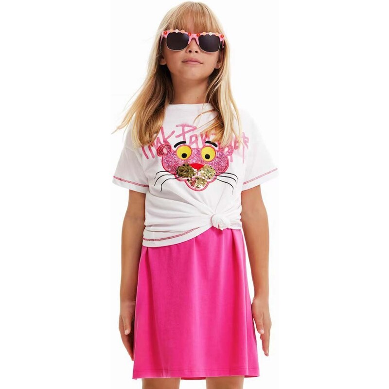 Detské bavlnené tričko Desigual Pink Panther biela farba