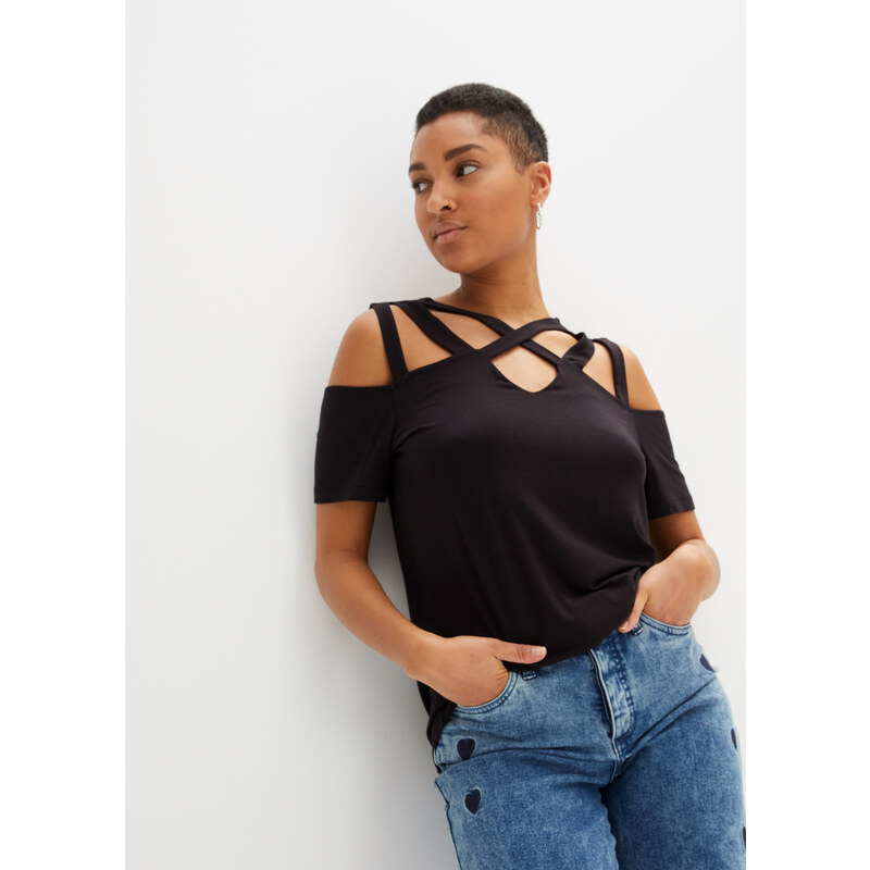 bonprix Tričko s prestrihmi, z jemnej viskózy, farba čierna 50747727