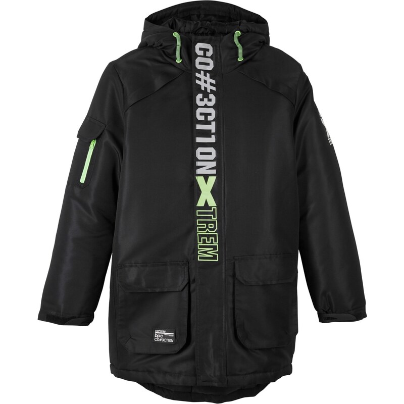 bonprix Zimná bunda so športovými detailmi a kapucňou, farba čierna 44790160