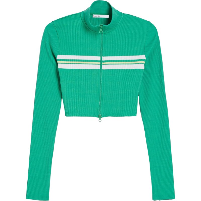 Bershka Tepláková bunda zelená / šedobiela 63332149