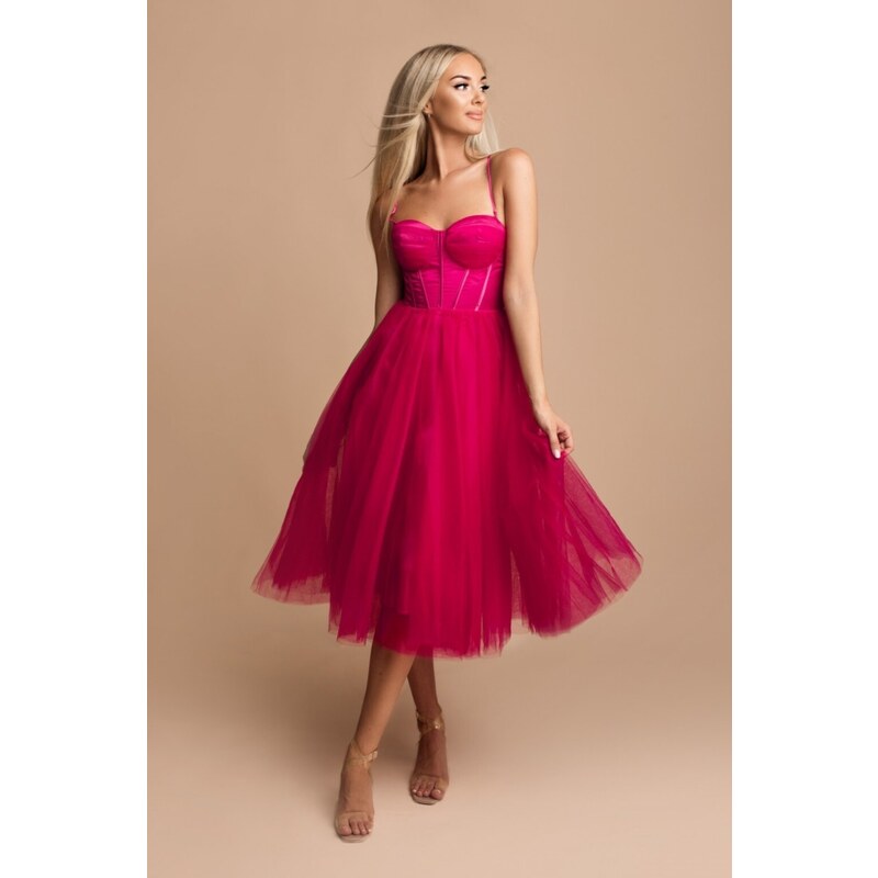 miadresses.sk Cyklámenové midi šaty s korzetom a tylovou sukňou 42713998