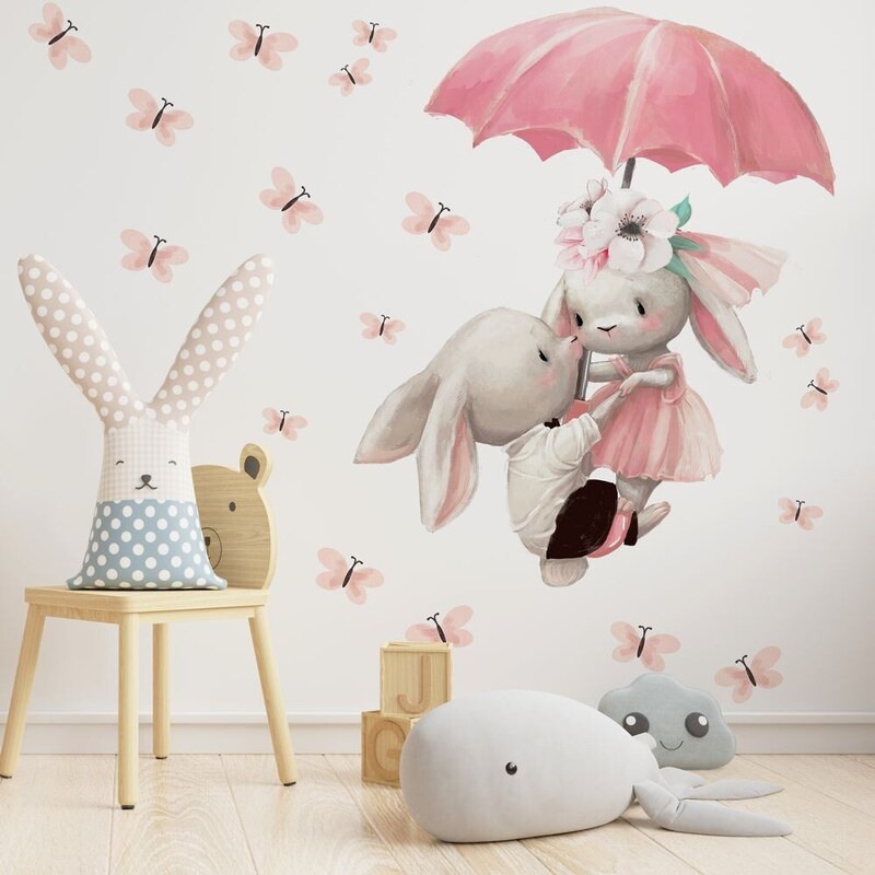 Gario Detská nálepka na stenu Zajačiky s dáždnikom, motýle