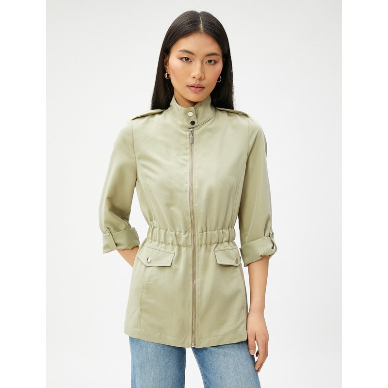 Koton Zippered Trench Coat with Pockets and Fold Over the Sleeves