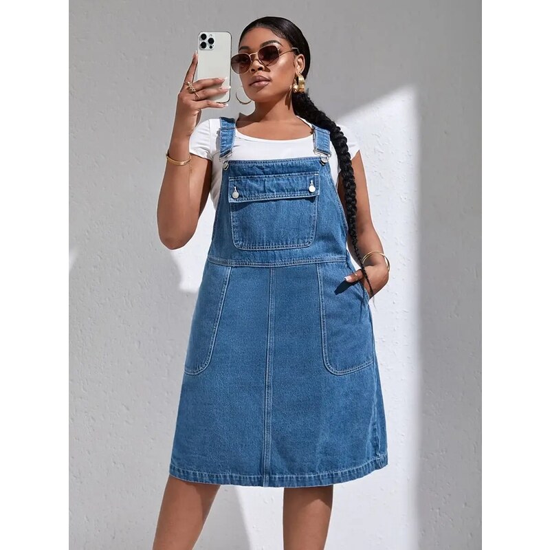 (veľ. 50) Rifľové šaty na traky s vreckami modré 63170497