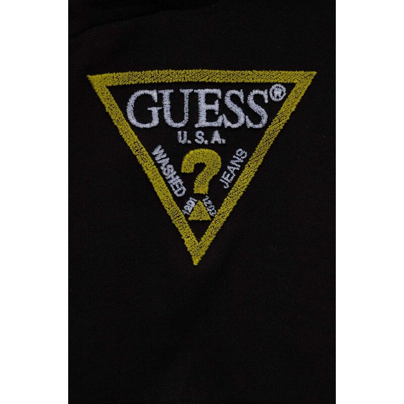 Detská bavlnená mikina Guess čierna farba, s nášivkou