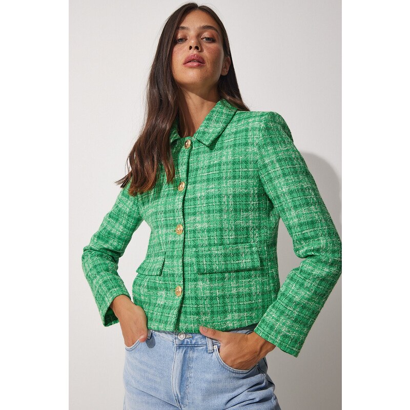 Happiness İstanbul Women's Green Gold Buttoned Tweed Woven Jacket