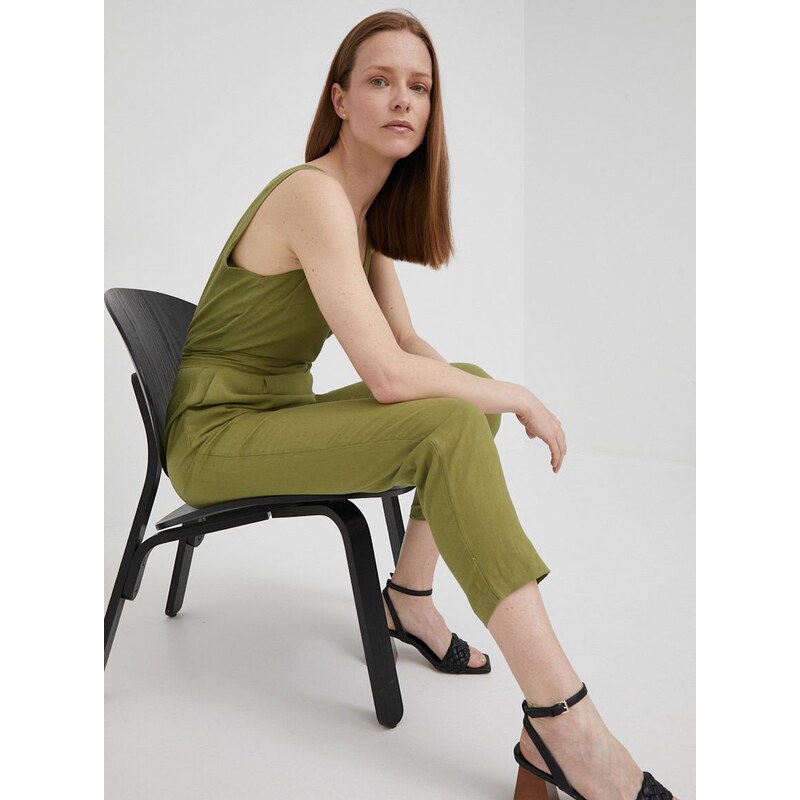 Ľanový overal Pepe Jeans Marais zelená farba, v výstrih - Main Image