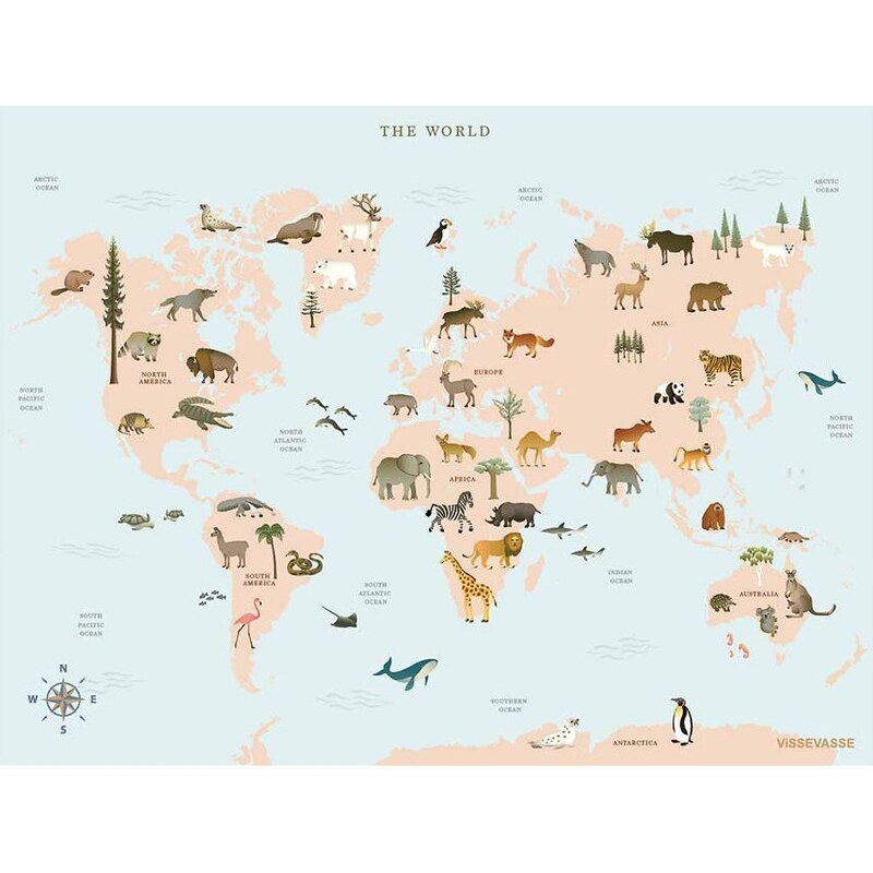 Vissevasse Plagát World Map Animal 50x70 cm