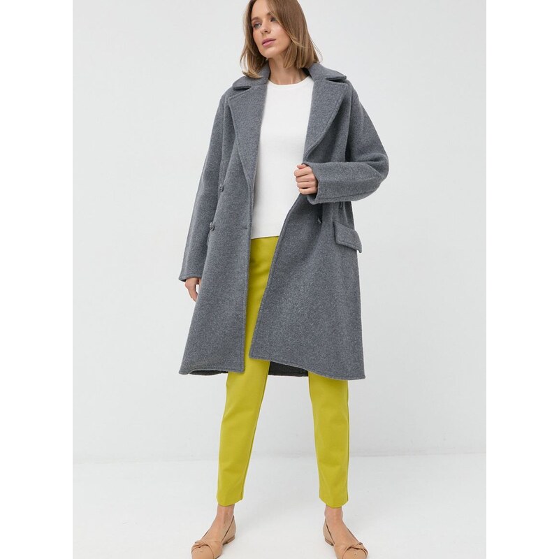Vlnený kabát Emporio Armani šedá farba, prechodný, dvojradový