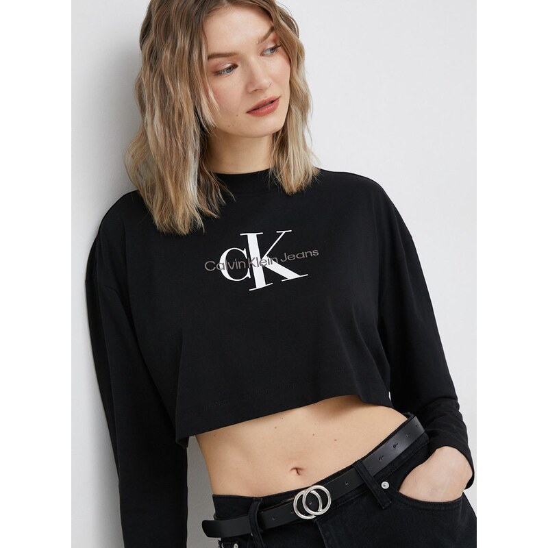 Bavlnené tričko s dlhým rukávom Calvin Klein Jeans čierna farba,