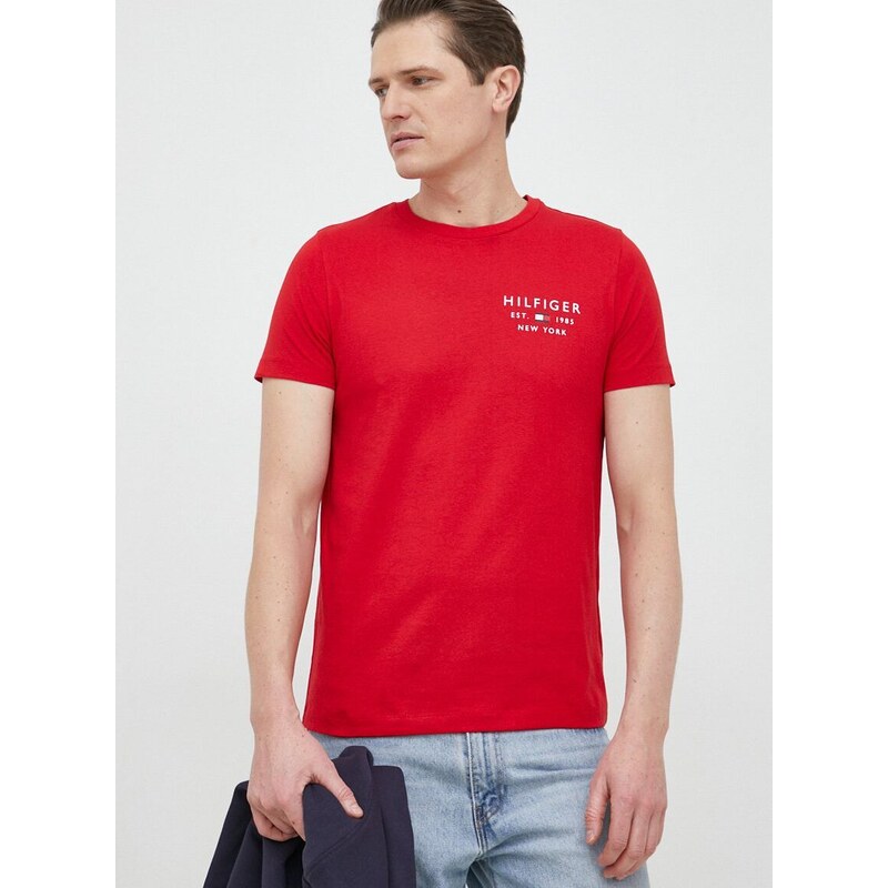 Bavlnené tričko Tommy Hilfiger červená farba, s potlačou