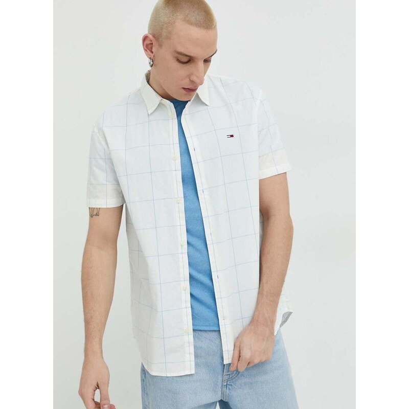 Bavlnená košeľa Tommy Jeans pánska, biela farba, regular, s klasickým golierom