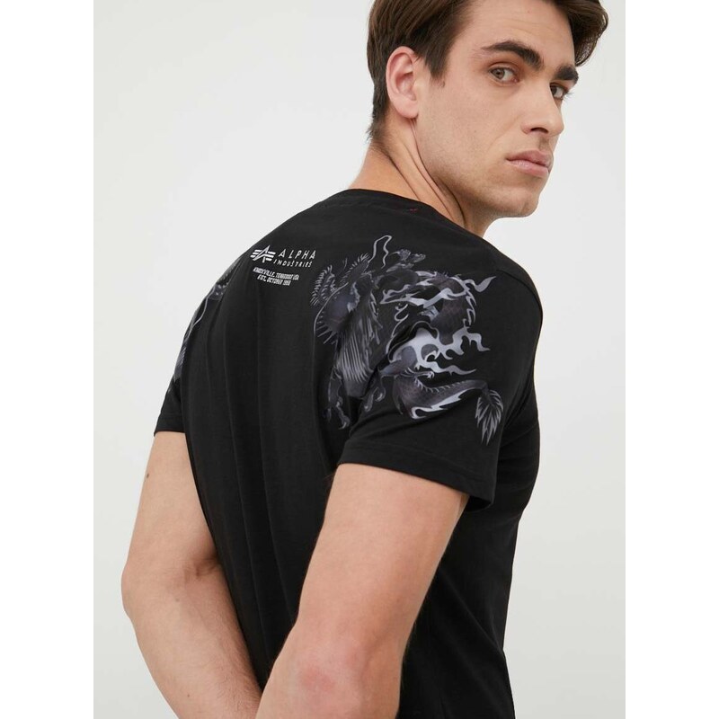 Bavlnené tričko Alpha Industries čierna farba, s potlačou