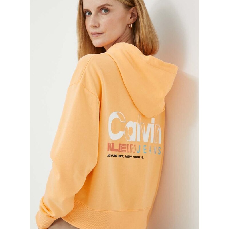 Bavlnená mikina Calvin Klein Jeans dámska, oranžová farba, s kapucňou, s potlačou