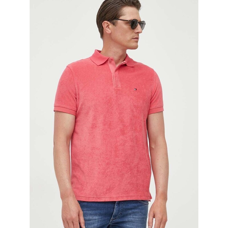 Polo tričko Tommy Hilfiger pánske, ružová farba, jednofarebné