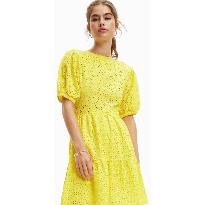 Bavlnené šaty Desigual žltá farba, mini, áčkový strih