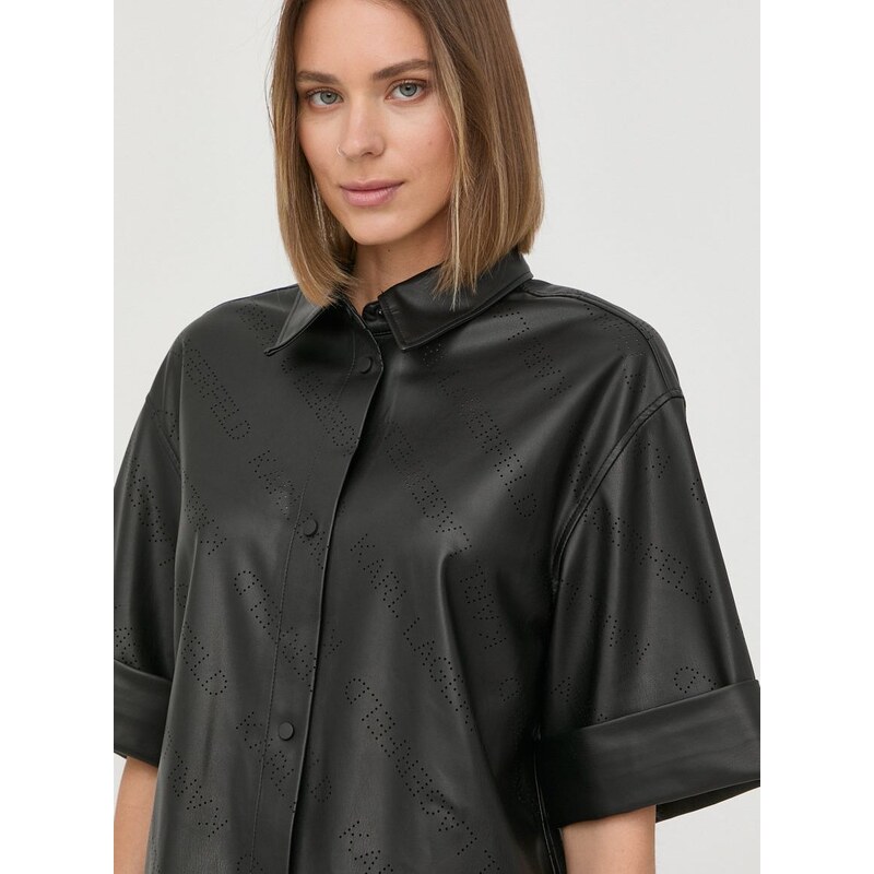 Košeľa Karl Lagerfeld dámska, čierna farba, voľný strih, s klasickým golierom