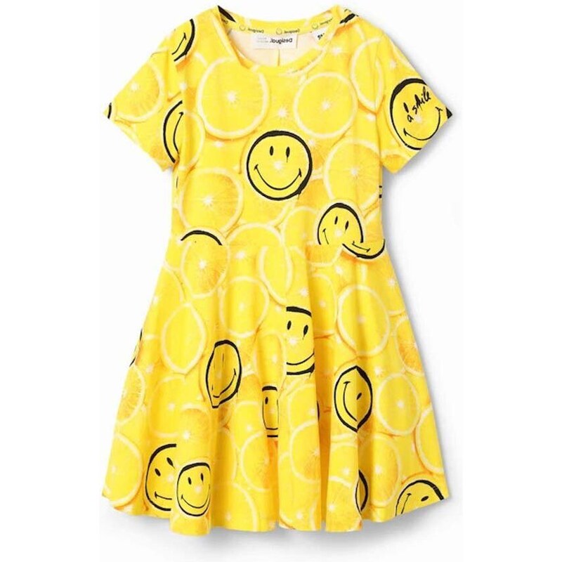 Dievčenské bavlnené šaty Desigual žltá farba, mini, áčkový strih