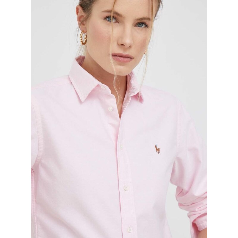 Bavlnená košeľa Polo Ralph Lauren dámska,ružová farba,regular,s klasickým golierom,211891377