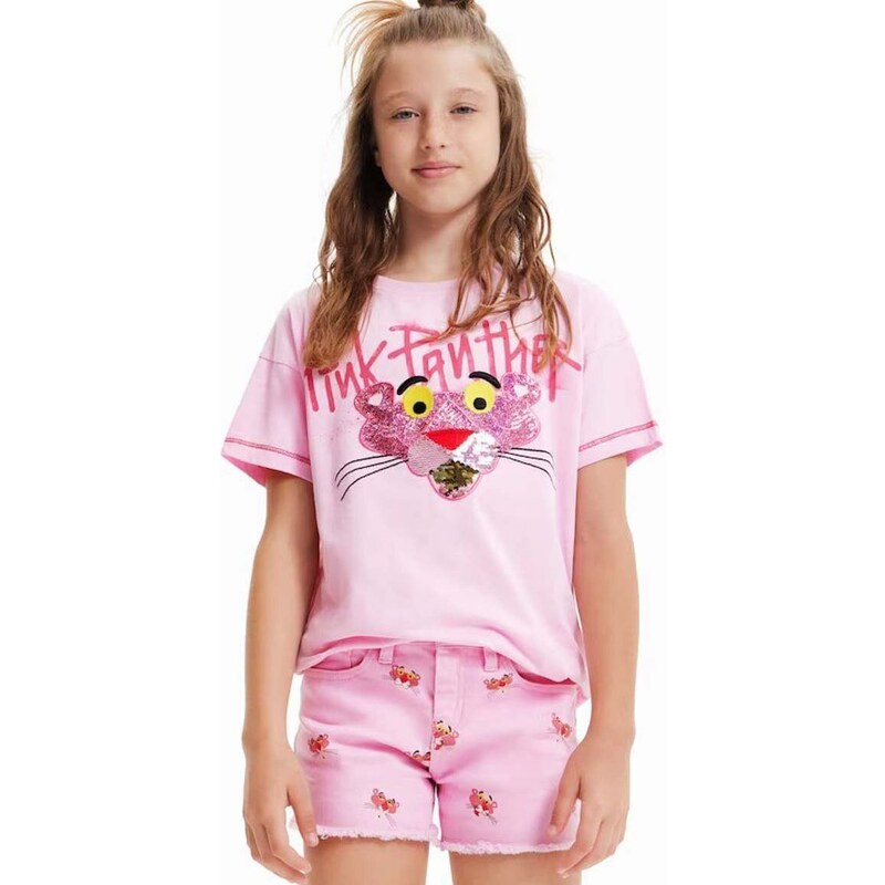 Detské bavlnené tričko Desigual Pink Panther ružová farba