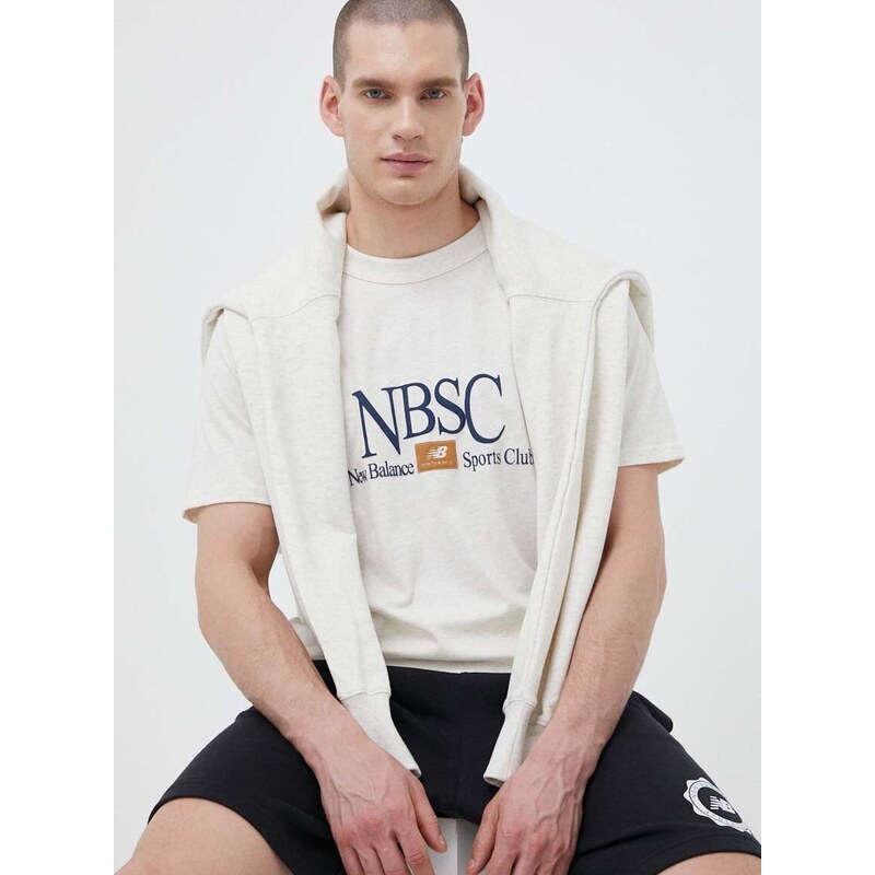 Bavlnené tričko New Balance béžová farba, s potlačou