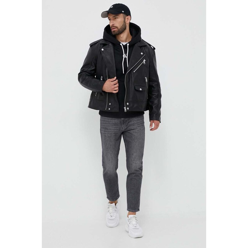 Kožená bunda Calvin Klein Jeans pánska,čierna farba,prechodná,J30J323398