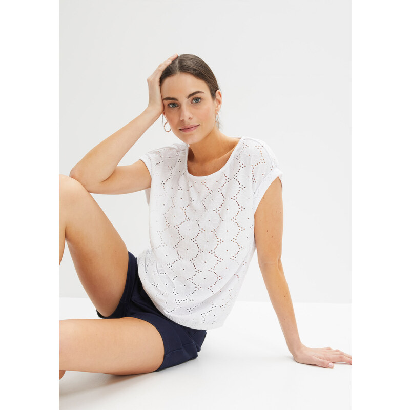 bonprix Tričko s dierkovanou výšivkou, farba biela 44961357