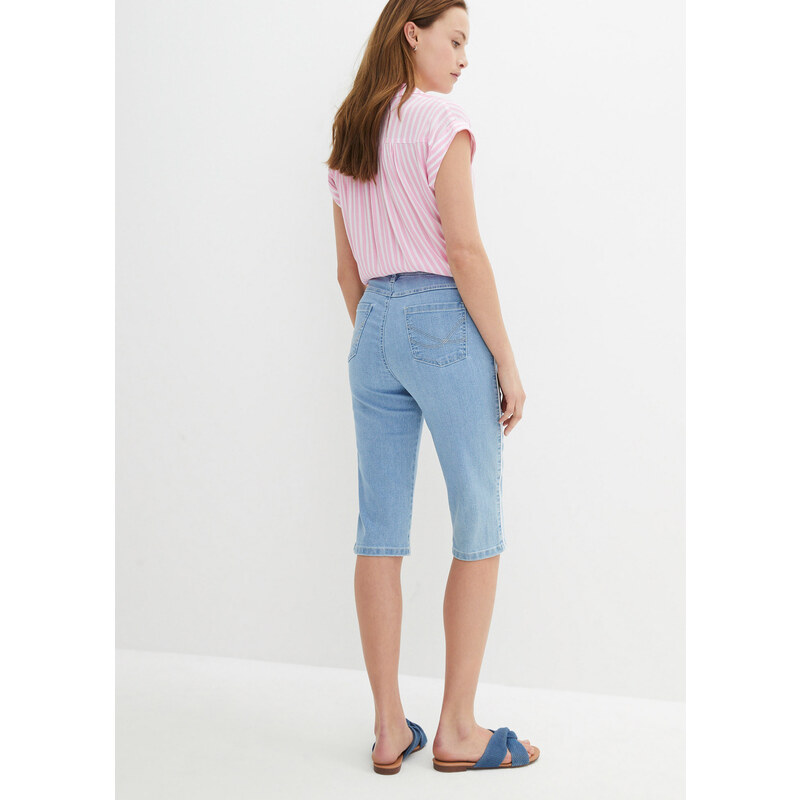 bonprix Strečové džínsové bermudy, vysoký pás, po kolená, farba modrá, rozm. 46
