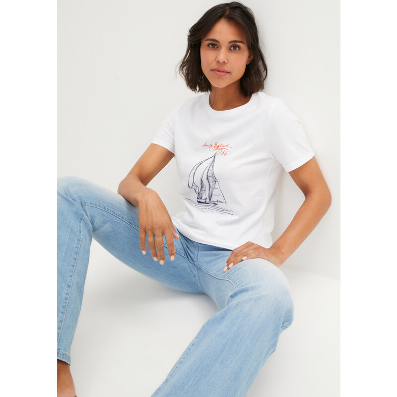 bonprix Bavlnené tričko s bočnými rozparkami a potlačou, farba biela 45100087