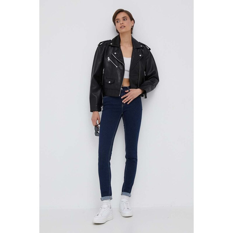 Kožená bunda Calvin Klein Jeans dámska, čierna farba, prechodná, oversize