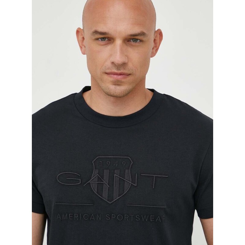 Bavlnené tričko Gant pánsky, čierna farba, s nášivkou